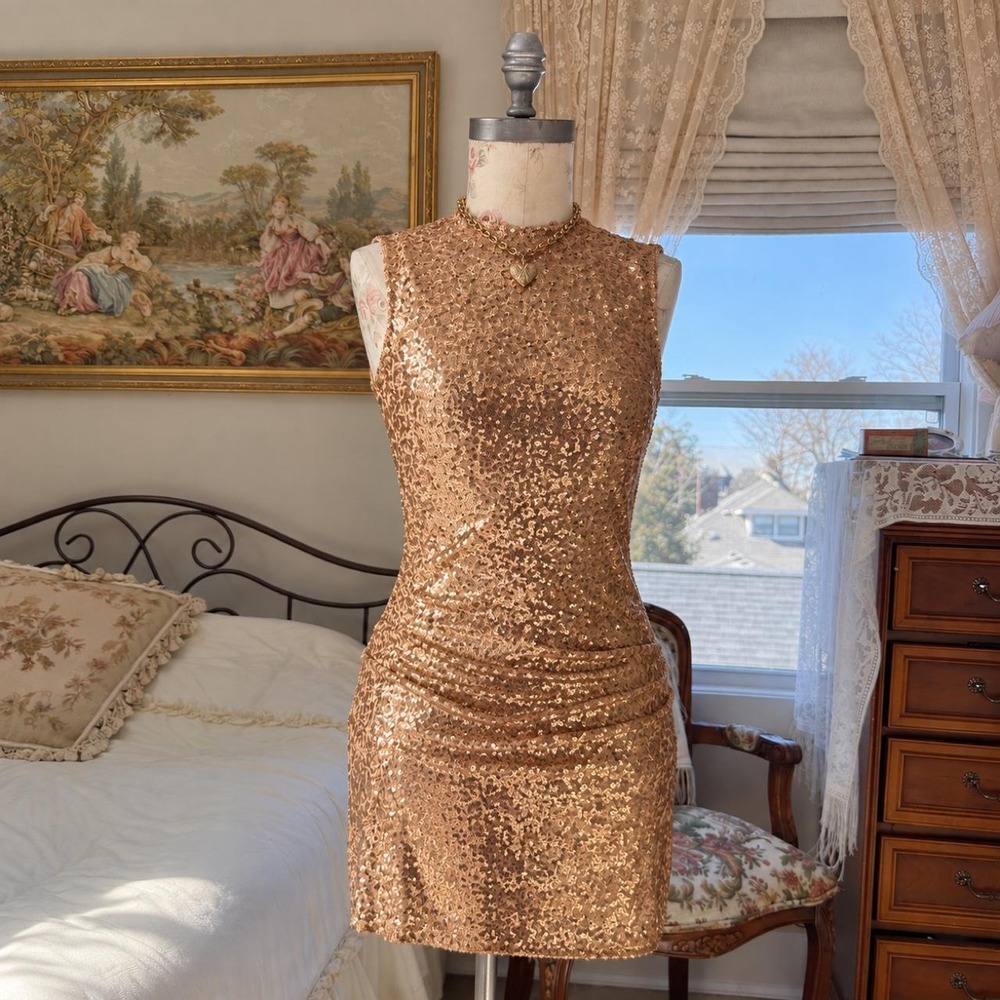Gold sequin mini dress  Open back body con Mini dress